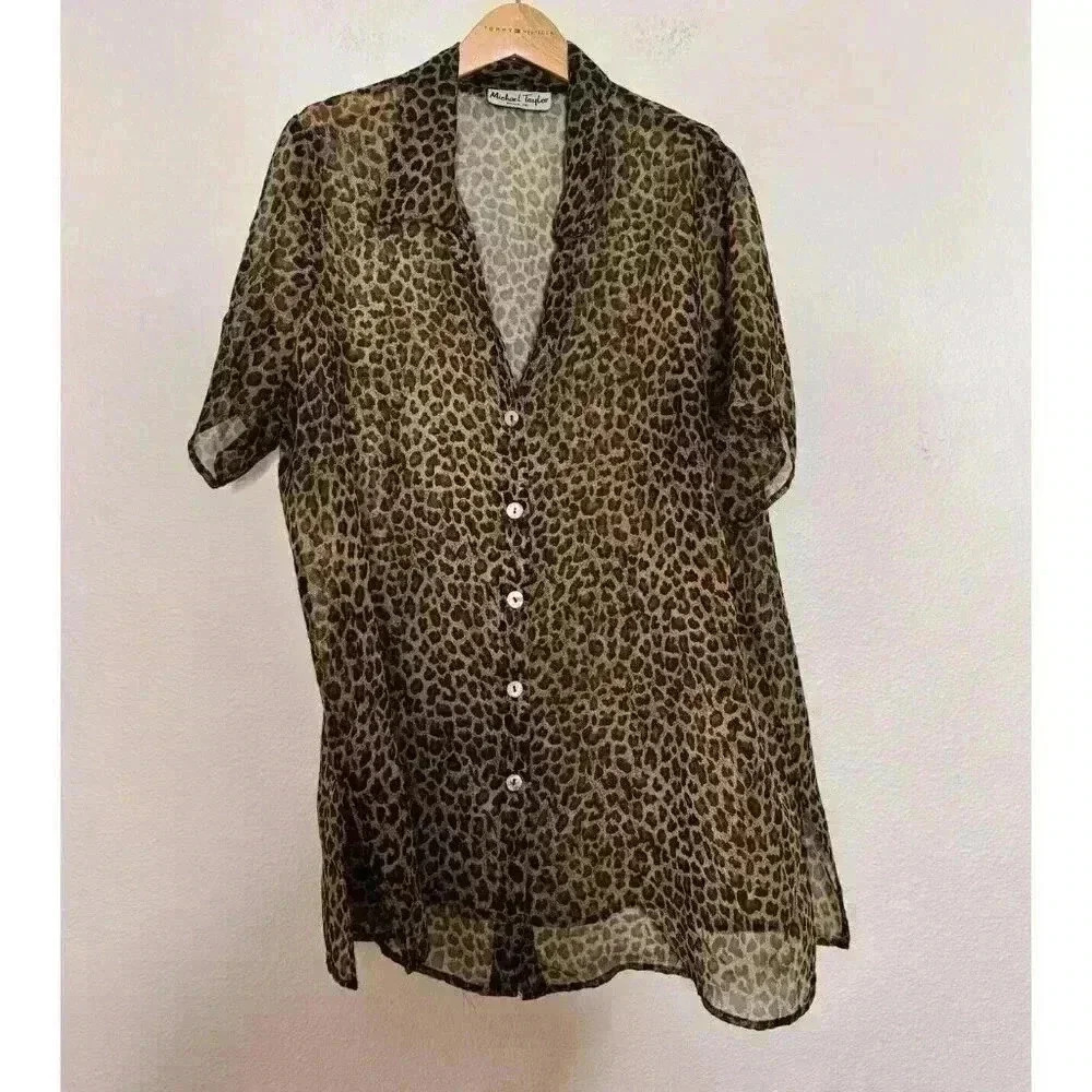 Michael Taylor Brown Black Leopard Animal Print Short Sleeve Shirt Vintage